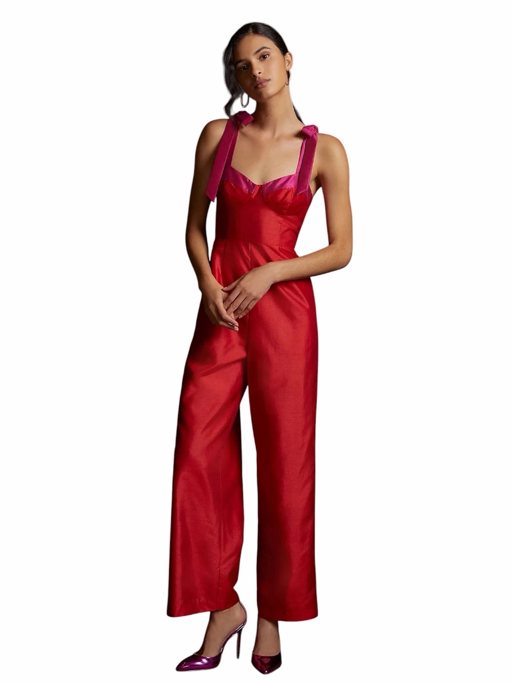 Anthropologie Hutch Red Pink Seamed Wide-Leg Jumpsuit Size 12 Satin Tie Strap